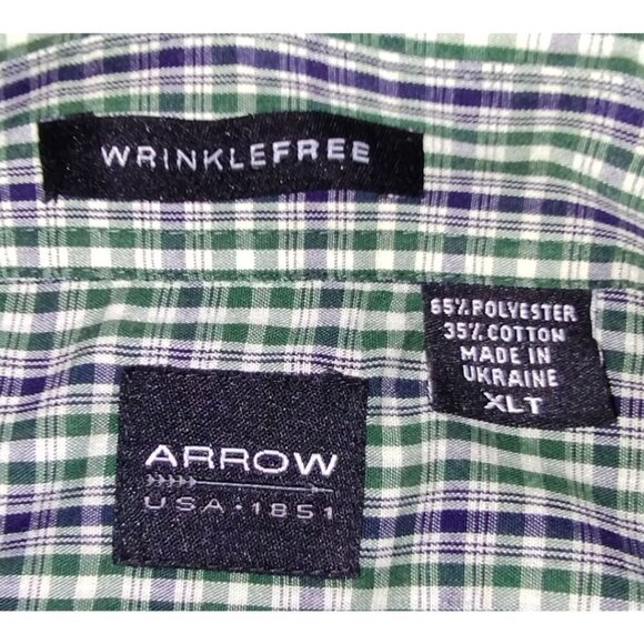 Arrow Wrinkle Free Blue/Green Plaid Button Up Short Sleeved Shirt (XLT) - Picture 5 of 5